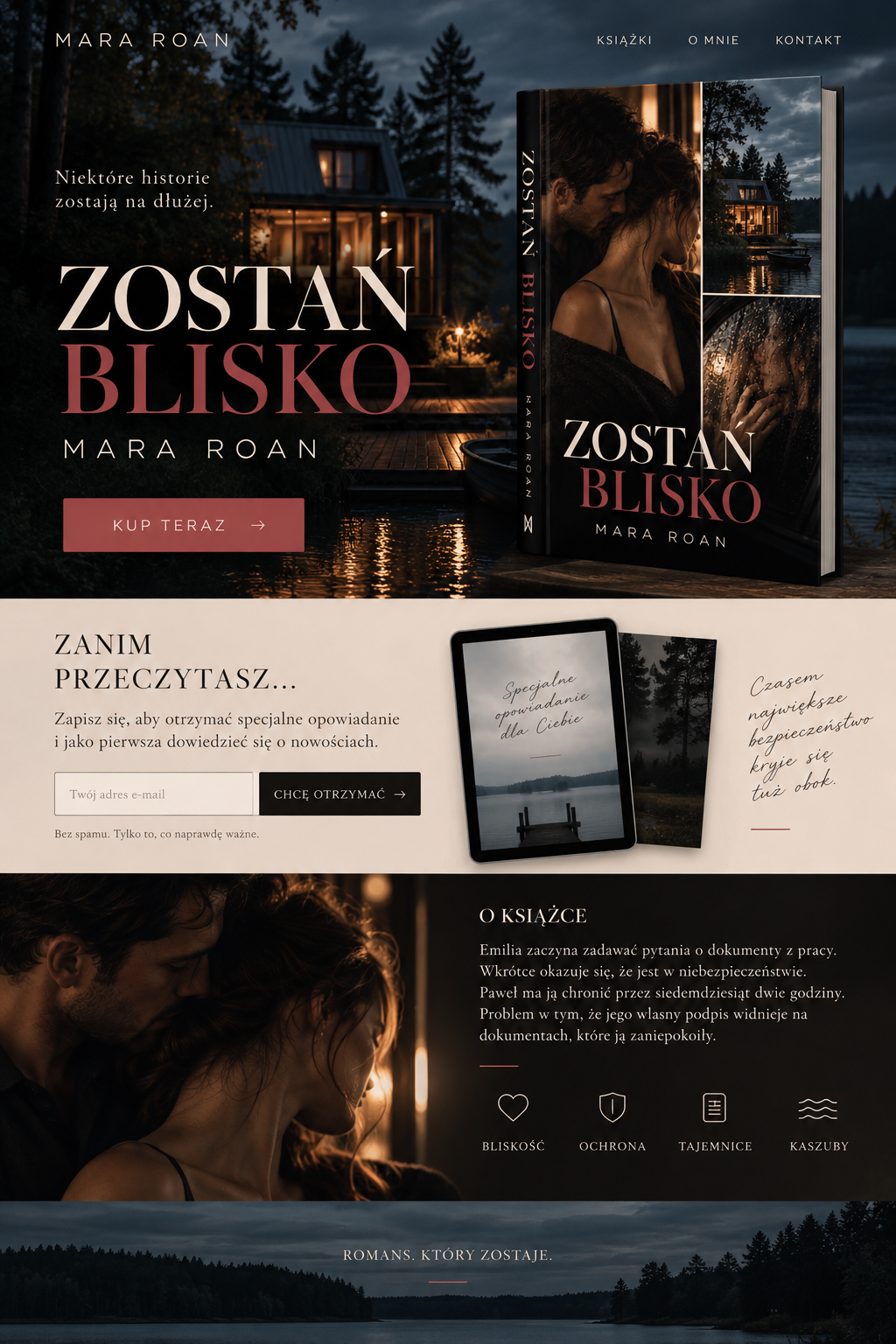 Mockup książki Zostań blisko z okładką przedstawiającą parę, dom nad jeziorem i deszcz na szybie